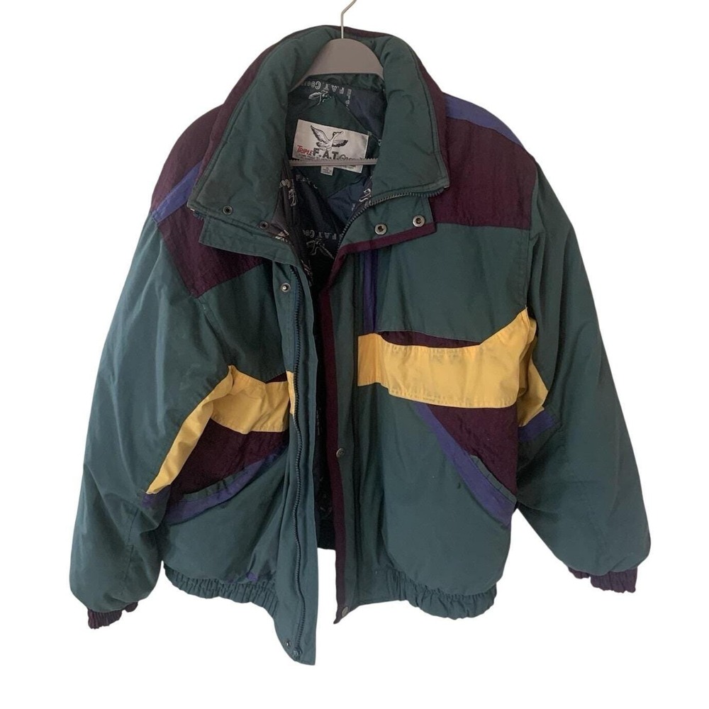 Down Women's Jacket XL Zip Puffer Ski Multi‎ color hood Vintage Y2K Heavy